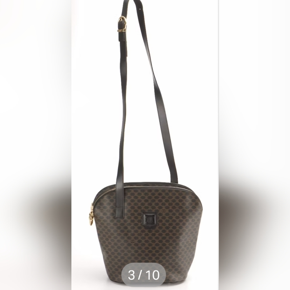 Celine | Double Zip Shoulder Tote Bag | Macadam Canvas & Black Leather | Vintage - Picture 4 of 16